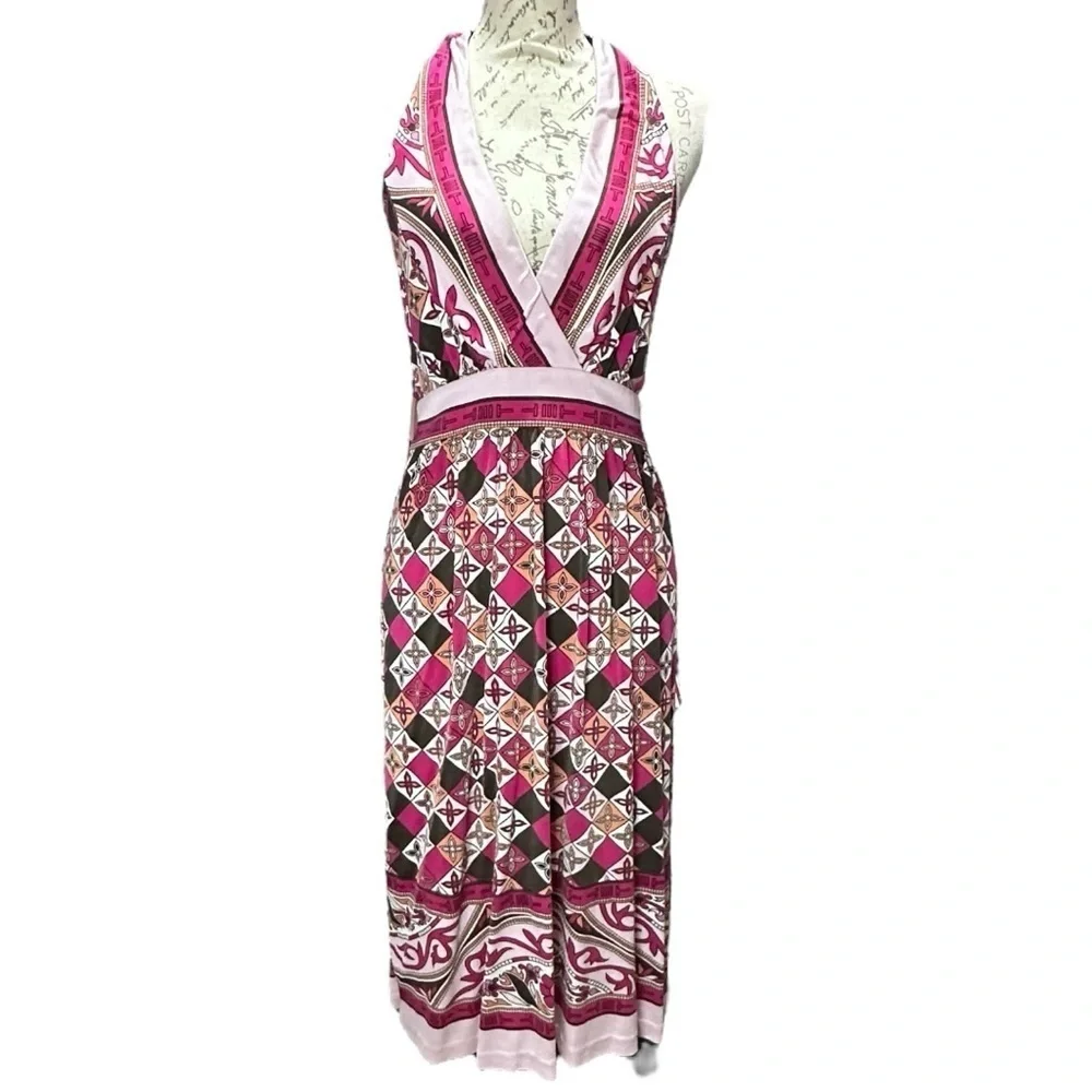 Tory Burch Silk Pink & Multi Color Halter Dress Size Large
